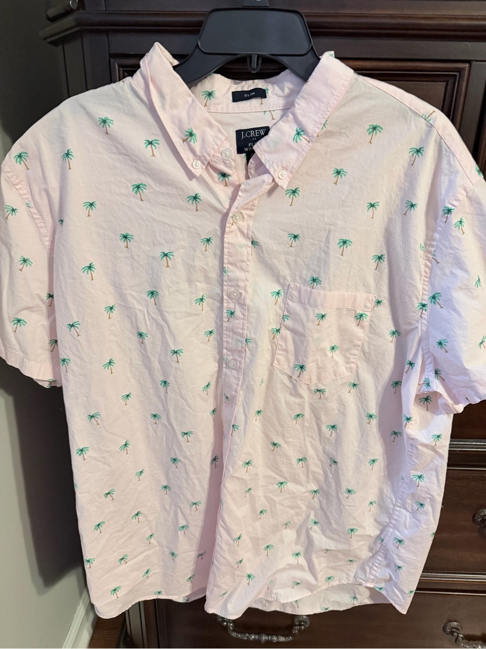 J. Crew Men’s Light Pink Short-Sleeve Button-Down Shirt with Green Palm Print